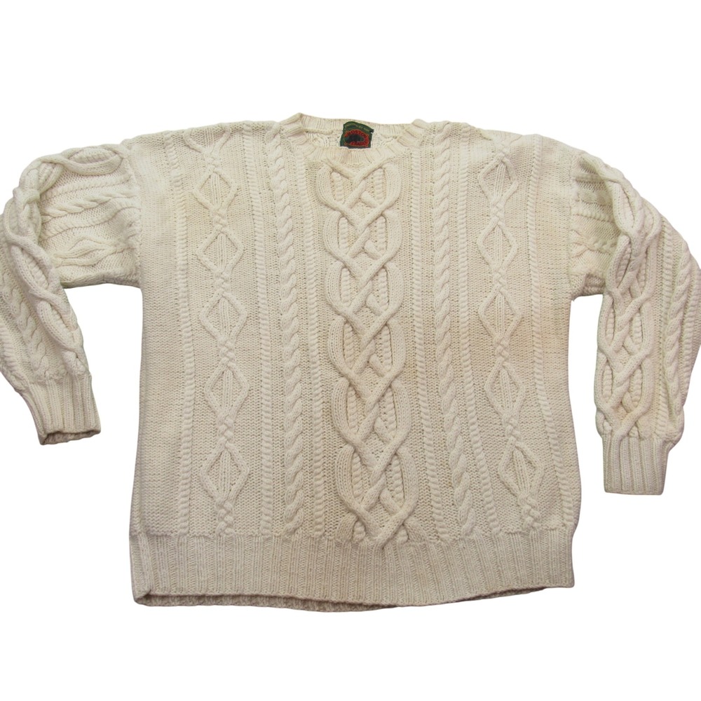 Boston Traders Mens Large Cream Cable Knit Sweater Hand Knitted Ramie Cotton L